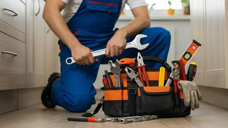 A handyman kneeling with a spanner and a bag of tools